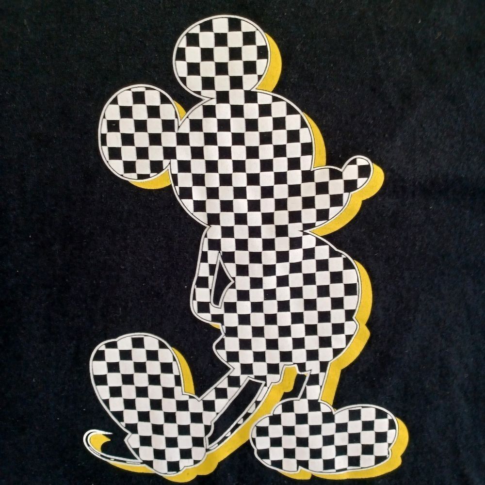 Disney Mickey Mouse Tee Md Black Checkered Black Yellow 90s Graphic Womens - Picture 2 of 7
